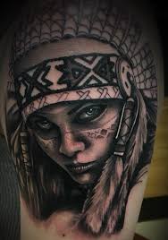 A great drawing type tattoo of a woman in tribal headgear. In Progress Native American Woman One Kevin Burfield Tattoos And Artwork Facebook