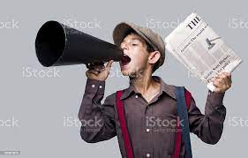 Newsboy Holding Newspaper And Shouting To Sell Stock Photo - Download Image  Now - Paper Delivery Person, Newspaper, Megaphone - Istock
