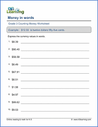 Free numeracy and number sense worksheets including counting numbers, spelling and using numbers for primary math lessons and based on the based on the singapore math curriculum, grade 1 math students learn numbers up to 100, grade 2 is up to 1,000, grade 3 10,000, grade 4. Money Worksheets Money In Words Numbers To Words K5 Learning