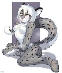 168213 - suggestive, artist:wersman, big cat, feline, mammal, snow leopard,  anthro, changed (game), 2021, arm fluff, belly button, blushing, breasts,  breath, chest fluff, ears, female, fluff, fur, nudity, paws, simple  background, sitting,