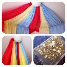Circus Themed Playroom Easy To Do And Cheap Get Dollar Store Table Covers And Staple To Ceiling Joists Colou Circus Decorations Circus Room Kids Playroom