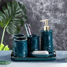 Frosted green tempered glass mini vessel sink this unique bowl style vessel sink from renovator's supply is sure to make a boring bathroom. Nordic Luxury Bathroom Accessories Set Soap Dispenser Toothbrush Holder Dark Green Phnom Penh Ceramic Bathroom Supplies Bathroom Accessories Sets Aliexpress