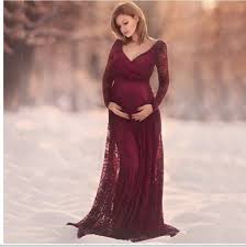 Red Wine V Neck Long Sleeve Maternity Dress In 2020 Lace Maternity Dress Elegant Maternity Dresses Maternity Dresses Photography