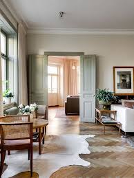 Sage As A Different Neutral On The Doors Plus Wood Furniture Herringbone Floors Tall Windows White Curtains Swoon House Interior Interior House Design