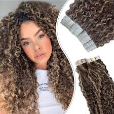 Amazon.com : Tape in Hair Extensions Jerry Curly Human Hair Tape in  Extensions Curly Remy Hair Tape ins Extensions 16 Inch Chocolate Brown  Highlighted Caramel Blonde Tape
