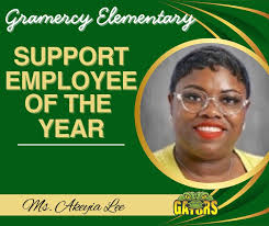 Congratulations, Akeiya Lee, our GES 2026 Support Employee of the Year. Ms.  Lee's kindness and compassion radiates throughout our entire school  community. She has a remarkable ability to connect with every student