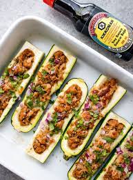 Sesame Soy Chicken Stuffed Zucchini Boats Recipe Recipes Zucchini Boats Pork Chop Recipes Baked