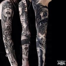 Black And Grey Tattoo Sleeve With Color Sake Realistic Portrait Color Realism Tattoos Sake Tattoo Crew Sleeve Tattoos Full Sleeve Tattoos Best Sleeve Tattoos