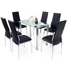 Md Group Dining Set Tempered Glass Top Table 6 Chairs Stainless Steel Frame Kitchen F Modern Glass Dining Room Glass Dining Room Sets Upholstered Dining Chairs