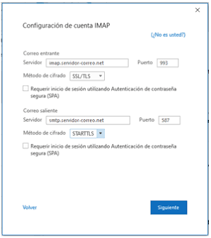 Formulario de servidor IMAP y SMTP en versiones recientes de Outlook., generada por IA