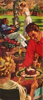 Suburban Backyard Party 1950 Retro Illustration Outdoor Cocktail Party Vintage Illustration
