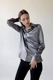 Women Silk Shirt In Silver Grey Silk Blouse Long Sleeve Blouse Womens Button Down Shirt Office Silk Shirt Silk Clothing Silk Basics Silk Top Lange Bluse Seidenhemden Bluse