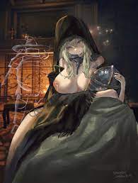 sawkm, fia the deathbed companion, lionel the lionhearted, tarnished (elden  ring), elden ring, absurdres, highres, 1boy, 1girl, breastfeeding, breasts,  breasts out, candelabra, candlestand, cloak, fireplace, helmet, hetero,  hood, hood up, inverted nipples,