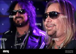 Nikki Sixx, left, and Vince Neil of Motley Crue are interviewed following a  news conference to announce The Stadium Tour 2020 featuring Motley Crue,  Poison and Def Leppard, at the SiriusXM offices,