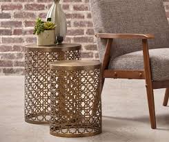 Brass 2 Piece Metal Nesting Accent Table Set Furniture Drum Table Table Table Settings