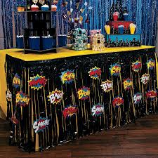 Superhero Fringe Plastic Table Skirt With Cutouts Oriental Trading Superhero Decorations Superhero Centerpiece Superhero Baby Shower