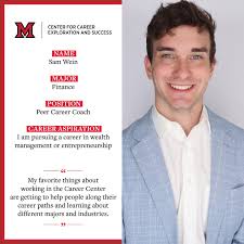 This week's Student Employee Spotlight is Sam Wein. Sam is part of our Peer  Career Coach team! Swipe to learn more about Sam. #MiamiOH #LoveAndHonor  #HireMiamiOH #studentemployee #succeed #prepare #connect #careers #explore