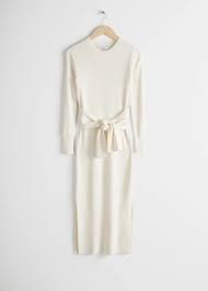 Ribbed Knot Tie Belted Midi Dress White Midi Dresses Other Stories In 2020 Ribbed Midi Dress Belted Midi Dress Midi Dress