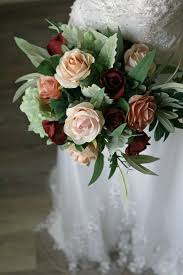 Burgundy wedding bouquet 17 pc bridal set silk flowers beige pink burlap. Silk Wedding Bouquets Burgundy Roses Dusty Pink Roses Gum Leaves Rustic Flowers Home Garden Instantorganicgarden Wedding Supplies