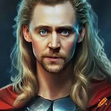 Full body shot, fantasy art, young tom hiddleston as thor, long hair, no  beard, symmetrical face