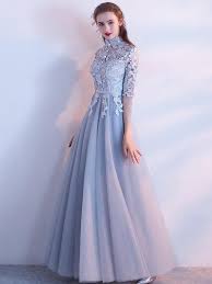 A Line High Neck Floor Length Half Sleeve Tulle Prom Dress Evening Dress Vb439 Prom Dresses Long High Neck Prom Dress Trendy Dresses Formal