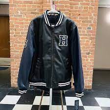 225 Tommy Hilfiger Mens Blue Leather Varsity Bomber Jacket Size Xl Ebay Varsity Bomber Jacket Pullover Sweater Men Leather Varsity Jackets