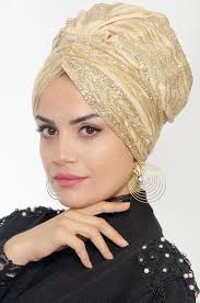 Altin Rengi Simli Abiye Fularli Bone 1 Turbanlar Esarp Jade