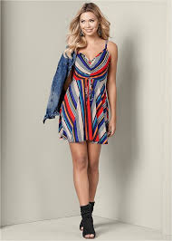 Mixed Stripe Dress In Red Multi Venus Striped Dress Dresses Venus Fashion