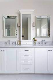 With its sleek anodized aluminum and glass construction, the archer medicine cabinet provides a stylish complement to your bath or powder room. Mirrored Countertop Medicine Cabinet Between Sinks Transitional Bathroom