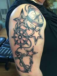 Already completely symmetrical and composed mostly of straight lines, it fits in great with the overall look of geometric tattoos. Anchor Helm Stars Compass Nautical Tattoo Nautical Tattoo Tattoos Pirate Tattoo
