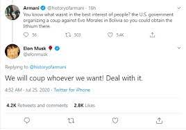 Twitter thought i got hacked & locked my account haha. Parker On Twitter Elon Musk We Will Coup Whoever We Want Deal With It Bolivia Just Stopped Him From Mining In Their Country I D Say They Dealt With It Pretty Well Https T Co Cvnzlohyqb