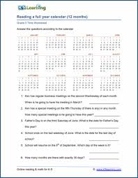 Grade 3 Calendar Worksheet On Full Year Calendars Calendar Worksheets Free Math Worksheets Worksheets