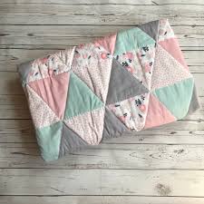 Tall appliqued velour orange fox with a white face, chest and tip of his tail. Floral Baby Quilt Baby Girl Quilt Pink Mint Gray Navy Quilt Toddler Quilt Baby Girl Bedding Pink Mint Nursery Floral Nursery Bedding