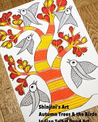 Autumn Trees And The Birds Indian Tribal Gond Art Size A3 Black Ink And Water Colours To Order Or Purchase Gond Painting Indian Folk Art Indian Art Paintings