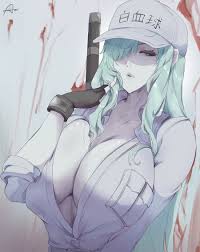 araneesama, u-1196, white blood cell (hataraku saibou), hataraku saibou, hataraku  saibou black, white uniform, 1girl, blue eyes, blue hair, breasts, cabbie  hat, colored skin, fingerless gloves, gloves, hair over one eye, hat,