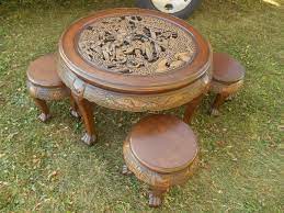 Distinctive oriental design furniture is part of a convention concerning people's residence. Vintage Rare Oriental Chinese Japanese Hand Carved Coffee Table Stools Coffee Table With Stools Japanese Coffee Table Japanese Tea Table