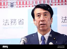 Japanese Minister of Justice Ken Saito attends a press conference to speak  about Iwao Hakamada in Chiyoda Ward, Tokyo