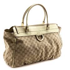 Gucci Beige Gg Monogram Metallic Gold Leather Large Abbey D Ring Tote