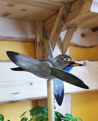 Windspiel Blaukehlchen Holz Vogel Whirligig Windrad Winddekoration Bird Wind Chime Gartendekoration Handbemalt Wind Spinner Erzgebirge Catavento