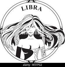 Vector Illustration Of Sign Zodiac Libra Beautiful Girl With Long Hair In Round Frame Line Art Coloring Illustration Stock Photo Alamy