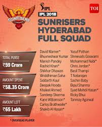 Srh Team 2018 Sunrisers Hyderabad Ipl 2018 Players List