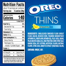 Calories, fat, protein, and carbohydrate values for for oreo cookies and other related foods. Oreo Thins Lemon Flavored Creme Sandwich Cookies 10 1 Oz Walmart Com Walmart Com