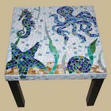Handmade Sea Creatures Glass Mosaic Side Table On Sale Now Etsy Sea Glass Mosaic Mosaic Artwork Mosaic Patterns