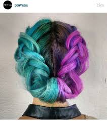 Love This Half And Half Teal And Fuchsia Pink Braided Up Do Hairgoals Hair Tealhair Pinkhair Bold Hair Color Half And Half Hair Bright Hair Colors