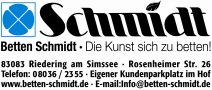Betten schmidt ist ein familiengeführtes bettenfachgeschäft in riedering am simssee. Betten Schmidt Gmbh Betten Bettwaren In Riedering Offnungszeiten