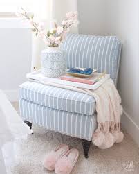 White and blue striped oak frame dining chair. Coastal Glam Guest Bedroom Blue White Striped Chair With Blush Pink Accents Summer Adams