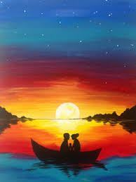 A Bright Colorful Romantic Scene Of A Couple Holding Hands In A Row Boat At Sunset A Great Painting For Sunset Painting Shadow Painting Silhouette Painting
