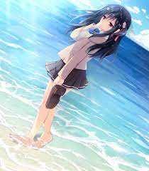 asa project, game cg, highres, 1girl, barefoot, black hair, black skirt,  looking to the side, ocean, shoes, skirt, standing, unworn shoes, wading 