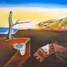 Distorted soft melting clock on a wooden bench, the persistence of memory of salvador dali. Salvador Dali Famous Clock Painting Painting Inspired