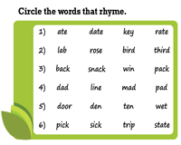 Students are given an array of words and must search through them to find which ones rhyme with an example word. Rhyming Worksheets